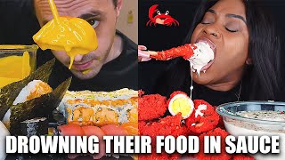 MUKBANGERS DROWNING THEIR FOOD IN SAUCE compilation [upl. by Nahtnhoj]