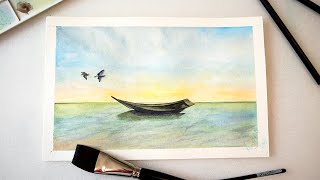 How to paint watercolor seascape for beginners  sea sky clouds boat [upl. by Eiralc]