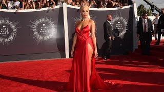 Rita Ora Sexy Plunging Red High Slit Prom Dress VMA 2014 Red Carpet [upl. by Ahon]