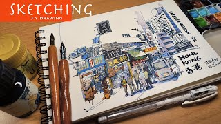 Captivating Hong Kong Street Sketch  Simple Watercolor Painting [upl. by Iggie]