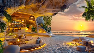 Tropical Beachside Wine Bar Ambiance  Healing Sunset with Gentle Ocean Waves Crackling Fire  ASMR [upl. by Eliason]