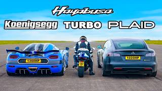 Koenigsegg v Tesla Plaid v Turbo Hayabusa DRAG RACE [upl. by Hildegarde]