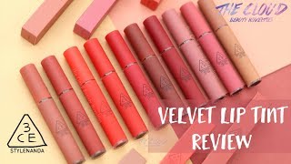 3CE VELVET LIP TINT FULL SWATCH amp REVIEW  10 màu son kem tint lì của hãng 3CE [upl. by Breanne]