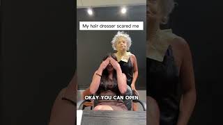 Hairdresser scares client 😅🤣 hairtutorial prank hairsalon brunette hairfail [upl. by Korns]