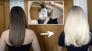 BLEACHING MY HAIR BROWN TO BLONDE at home EXTREME transformation [upl. by Nylidam]