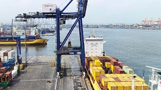 Loading and Unloading with Heavy Hatch Covers on MCC Gigantes  Maersk Container Ship [upl. by Demmahom]