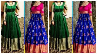 Saree Dress Saree Pattern Long Gown Dress Convert Pattu Sarees into Long Dress [upl. by Cressler]