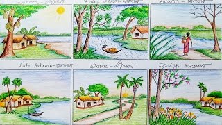 How to draw scenery of six season step by step [upl. by Ahtamat]