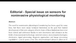 Editorial Special issue on sensors for noninvasive physiological monitoring [upl. by Araek]