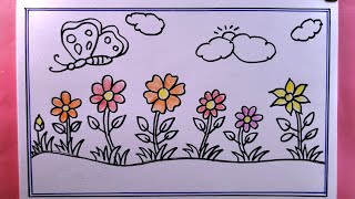 how to draw flower garden step by step easyflower garden drawing [upl. by Davin]