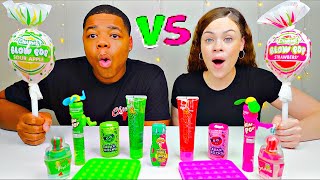 PINK FOOD VS GREEN FOOD CHALLENGE GIANT BLOW POP GALAXY ROCKS SOUR GEL FAN POP CANDY MUKBANG [upl. by Deste]