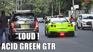 Acid Green Nissan R35 GTR w Fi Exhaust System  Loud Flybys amp Accelerations [upl. by Adnwahsor]