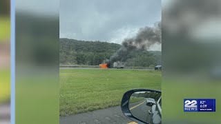 Van with trailer attached catches fire on Mass Pike in Becket [upl. by Chrisoula]