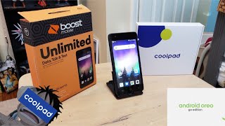 CoolPad Illumina Android Go Unboxing and First Boot Up Boost Mobile HD [upl. by Eimmaj961]