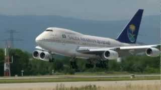 Saudi Arabian Boeing 747SP landing amp takeoff at Geneva Airport [upl. by Yonit]