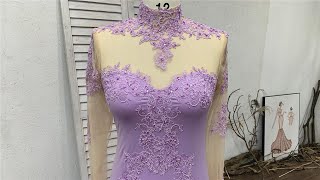 Custom Made Lilac Beaded Lace Long Prom Dress with Illusion Bodice amp Fitted amp Flare Train [upl. by Leach]