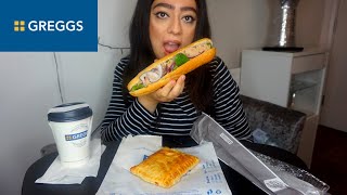 GREGGS MUKBANG  TUNA CRUNCH  CHEESE AND ONION BAKE  HOT CHOCOLATE  UK LOCKDOWN [upl. by Ennoid165]