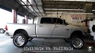 From 37s to 35s on 24x14 Dodge Ram 2500 Cummins on 24x14 Fuel Forged Wheels [upl. by Anayrb918]