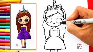 Aprende a dibujar una NIÑA UNICORNIO Kawaii con Brillantina y Vestido Morado [upl. by Auqenaj877]