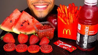 ASMR RED FOODS EDIBLE WATER BOTTLE EATING MCDONALDS FRIES HOT CHEETOS OREOS FRUITS ORBEEZ MUKBANG [upl. by Jolenta]