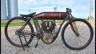 Original 1912 Indian Boardtrack Racing Motorcycle Running Full Throttle Spitting Flames [upl. by Idna318]