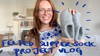 Knitting chunky felted slipper socks from free pattern a project vlog [upl. by Zelda]