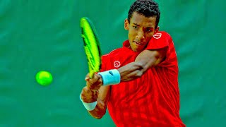 Felix Auger Aliassime Serving Slow Motion at US Open 2018 Court Level View Serve [upl. by Latouche576]