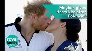 Meghan Duchess of Sussex gives Prince Harry big kiss after Sentebale Polo Cup win [upl. by Ecyar]