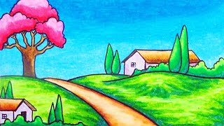 How To Draw Easy Village Scenery On A Hill  Drawing Easy Village Scenery With Oil Pastel [upl. by Oeak]