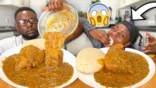 FUFU AND OGBONO SOUP AND GOAT MEAT SPEED EATING BIG BITE CHALLENGE DAD VS DAUGHTER SHOCKING WIN😱 [upl. by Ellehsyt]