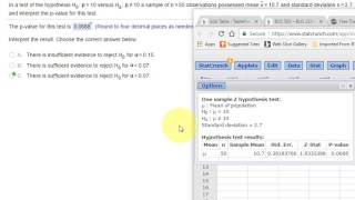 Singlesample Hypothesis Test for a Mean using StatCrunch  summary data [upl. by Adnilemre]