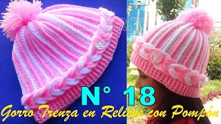 Como tejer el Gorro N° 18 a crochet en punto trenza en relieve con pompón para bebes y niñas [upl. by Pancho]