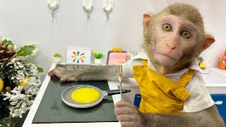 Monkey Baby Bim Bim go to the supermarket to buy kitchen utensils and eats eggs with puppy [upl. by Neneek376]