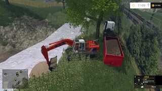 Farming Simulator 2015  HITACHI FH200  Renault Premium Lander  Volvo FH Abrollkipper [upl. by Waterman]