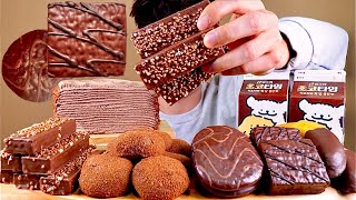 ASMR 초코크레이프에 싸먹는 디저트 누텔라초코바 초코떡 몽쉘 초코바나나 먹방 Chocolate Crepe With Choco Bar Choco Bread MuKBang [upl. by Wernick405]