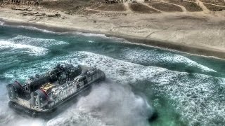 US Military Hovercraft LCAC amp Assault Amphibious Vehicle Beach Landing Aerial View [upl. by Avictor634]