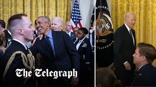 Biden appears lost in White House event as guests swarm around Barack Obama instead [upl. by Arnon569]