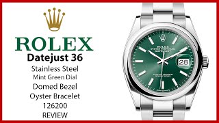 ▶Rolex Datejust 36 Stainless Steel Mint Green Index Dial Domed Bezel Oyster Bracelet 126200  REVIEW [upl. by Gnoc]