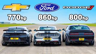 Ford Mustang v Chevy Camaro v Dodge Hellcat Redeye DRAG RACE [upl. by Jacquetta696]