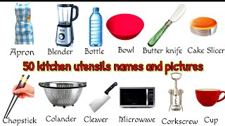 50 kitchen utensils names and pictures action verbs English Class [upl. by Inus]