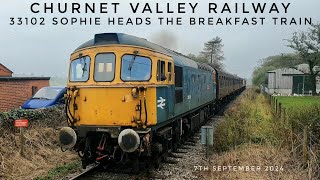 CLASS 33 DIESEL 33102 SOPHIE HEADS THE CHURNET VALLEY RAILWAY BREAKFAST TRAIN AT APESFORD 7924 [upl. by Enilraep]