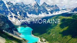 Lake Moraine AERIAL views STUNNING Canadian Rockies Banff National Park Alberta Canada [upl. by Lad]