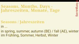 A1 A2 B1 B2 C1 Seasons Months Days  Jahreszeiten Monate Tage Deutsch lernen Englisch [upl. by Sinaj684]