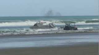 Boat launch in big shorebreak waves New Zealand 90 mile beach [upl. by Rebhun]