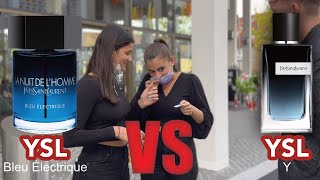 YSL La Nuit de LHomme Bleu Électrique EdT vs YSL Y EdP  fragrance street test  girls reaction [upl. by Baniaz]