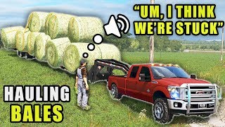 WE ALMOST GOT STUCK F350 HAULING BIG BALES OUT OF THE HAY FIELD  FARMING SIMULATOR 2017 [upl. by Luapnhoj]