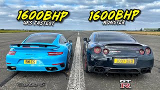 CLASH OF THE TITANS 1600BHP 911 TURBO S VS 1600BHP NISSAN GTR [upl. by Redneval]