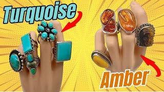 WOW  Amazing SILVER Finds Turquoise amp Amber Jewelry amp RINGS [upl. by Coffin]