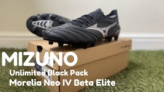 Mizuno Morelia Neo IV Beta Elite FG Football Boots  On Feet  Unlimited Black Pack [upl. by Ahsirt]