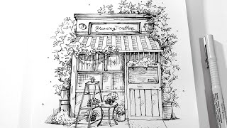 Urban Sketching Cafe  pen drawing [upl. by Athena]